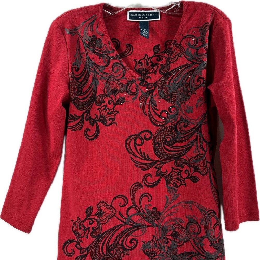 Karen Scott Women's Petite Red Black Sweater Print Rhinestones V-Neck Size PP